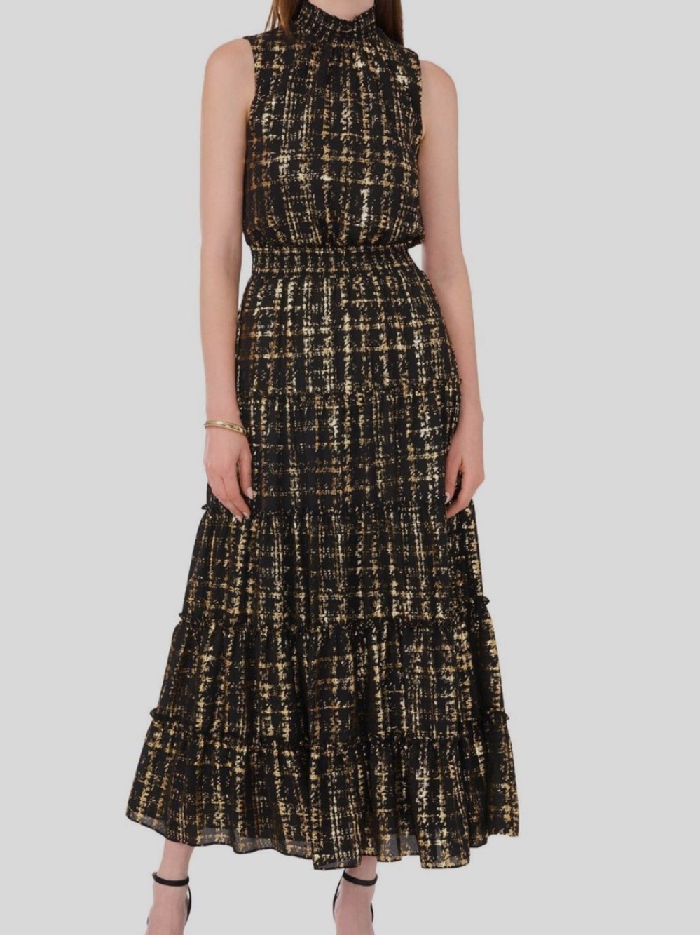 MSK Sleeveless Black & Gold Tiered Maxi Dress